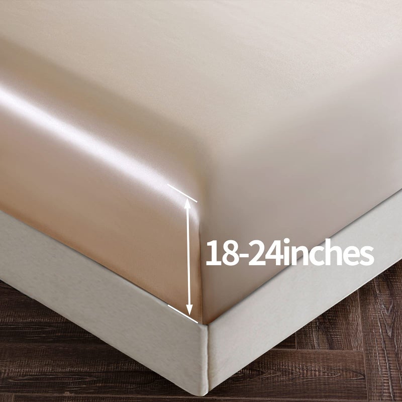 SiinvdaBZX 4Pcs Extra Deep Pocket Satin Sheet Set King Size  Ultra Silky Soft Beige Satin King Bed Sheets Deep Fitted Sheet Set Fits 18-24 Inch Deep Pocket Mattress - Image 3